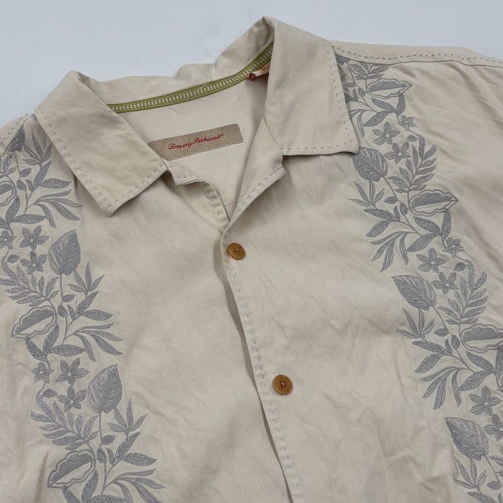Tommy Bahama Mens XL Silk Beige Floral‎ Embroidered Short Sleeve Button Shirt